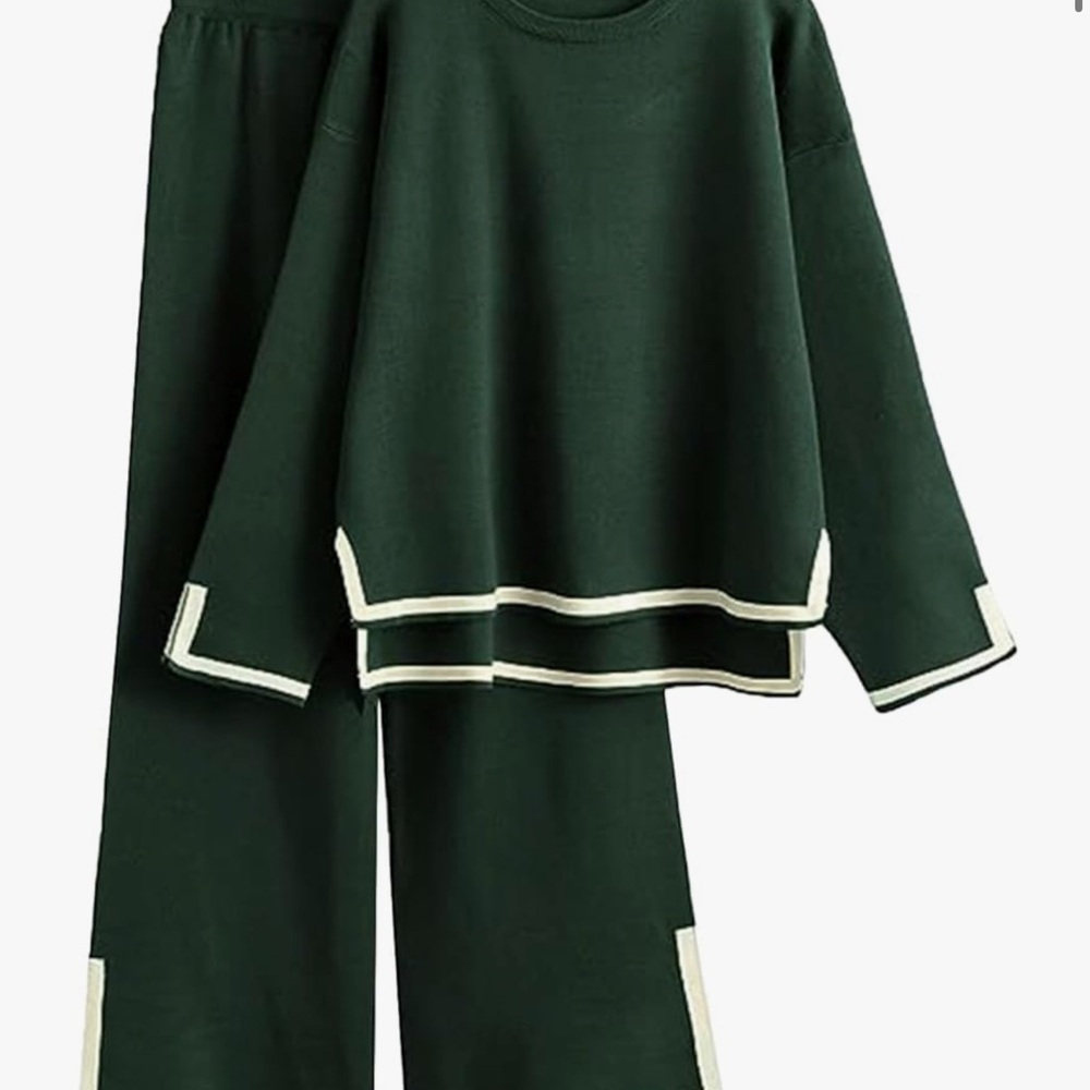 Amazon Women's Dark Green Pajama Set with Cream Trim